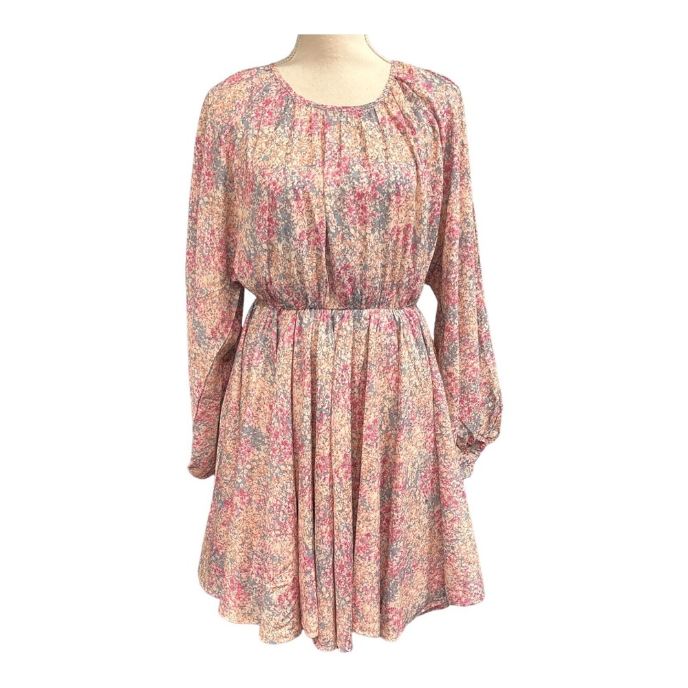 Bohome Dress Womens S Pink Ditsy Floral Chiffon Mini Elastic Waist Cottagecore